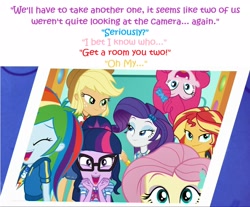 Size: 1921x1591 | Tagged: safe, edit, edited screencap, editor:leonidus, screencap, applejack, fluttershy, pinkie pie, rainbow dash, rarity, sci-twi, sunset shimmer, twilight sparkle, better together, equestria girls, bedroom eyes, cowboy hat, dialogue, funny, geode of empathy, geode of shielding, geode of super speed, geode of super strength, geode of telekinesis, glasses, hat, holding hands, humane five, humane seven, humane six, implied lesbian, implied rarijack, implied shipping, in which pinkie pie forgets how to gravity, magical geodes, photo, photo booth, photography, pinkie being pinkie, pinkie physics, shipping fuel, stetson, text