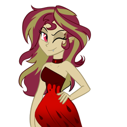 Size: 1000x1000 | Tagged: safe, artist:wubcakeva, sunset shimmer, vampire, equestria girls, bare shoulders, clothes, fangs, female, looking at you, one eye closed, simple background, sleeveless, smiling, solo, strapless, transparent background, vampirism, wink