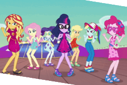Size: 670x448 | Tagged: safe, edit, edited screencap, screencap, applejack, fluttershy, pinkie pie, rainbow dash, rarity, sci-twi, sunset shimmer, twilight sparkle, equestria girls, equestria girls series, i'm on a yacht, spoiler:eqg series (season 2), alternate hairstyle, animated, baseball cap, cap, clothes, cute, dress, feet, female, geode of empathy, geode of fauna, geode of shielding, geode of super speed, gif, hat, humane five, humane seven, humane six, jumping, legs, magical geodes, midriff, sandals, sleeveless, sunglasses, toes