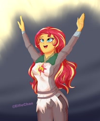 Size: 2900x3500 | Tagged: safe, artist:katakiuchi4u, sunset shimmer, equestria girls, blushing, clothes, crossover, cute, dark souls, faic, female, freckles, open mouth, pants, praise the sun, shimmerbetes, solaire of astora, solo, when you see it