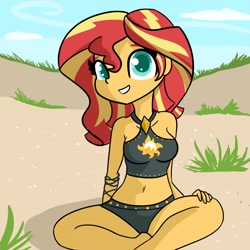 Size: 1650x1650 | Tagged: safe, artist:tjpones, sunset shimmer, better together, equestria girls, forgotten friendship, adorasexy, belly button, bikini, clothes, cloud, colored pupils, cute, female, looking at you, sexy, sitting, sky, solo, summer sunset, swimsuit