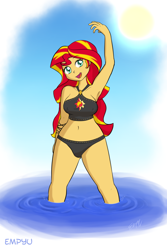 Size: 800x1200 | Tagged: safe, artist:empyu, sunset shimmer, better together, equestria girls, forgotten friendship, armpits, beach, belly button, breasts, clothes, female, looking at you, nipple outline, open mouth, signature, sky, solo, swimsuit, water