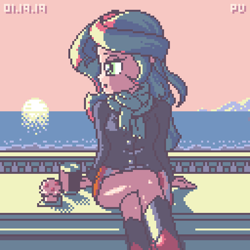 Size: 1024x1024 | Tagged: dead source, safe, artist:branewashpv, sunset shimmer, human, equestria girls, beach, beautiful, boots, clothes, coffee, crossed legs, cute, female, food, jacket, miniskirt, muffin, pixel art, scarf, shoes, skirt, sky, solo, sunset, water