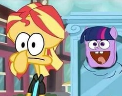 Size: 329x258 | Tagged: artist needed, safe, sunset shimmer, twilight sparkle, equestria girls, cursed image, not salmon, shitposting, spongebob squarepants, squidward tentacles, wat, what has science done, why