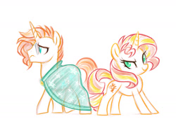 Size: 1280x924 | Tagged: safe, artist:mn27, sunburst, sunset shimmer, pony, unicorn, cape, clothes, colored sketch, duo, female, looking at you, male, mare, see-through, sketch, stallion, sunny siblings