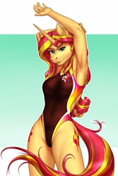 Size: 1900x2850 | Tagged: safe, artist:mykegreywolf, sunset shimmer, anthro, unicorn, equestria girls, armpits, breasts, clothes, female, high-cut clothing, hoers, mare, one-piece swimsuit, open-back swimsuit, smiling, solo, sports, sports swimsuit, stretching, swimsuit