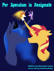 Size: 600x790 | Tagged: safe, artist:pony-from-everfree, daybreaker, princess luna, sunset shimmer, twilight sparkle, alicorn, pony, unicorn, armor, bust, cover art, crown, digital art, fanfic, fanfic art, female, jewelry, latin, mare, regalia, simple, simple background