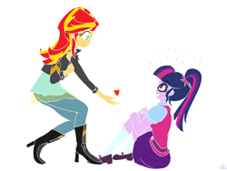 Size: 4000x3000 | Tagged: safe, artist:yinglongfujun, sci-twi, sunset shimmer, twilight sparkle, equestria girls, clothes, female, heart, lesbian, looking at each other, scitwishimmer, shipping, smiling, sunsetsparkle