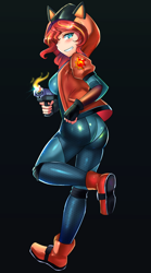 Size: 1000x1800 | Tagged: safe, artist:tzc, sunset shimmer, human, equestria girls, anime, ass, black background, bodysuit, bunset shimmer, cat ears, clothes, commission, crossover, cutie mark on clothes, female, fingerless gloves, fortnite, gloves, grin, gun, handgun, hoodie, humanized, jacket, lynx (fortnite), pistol, raised leg, simple background, smiling, solo, video game crossover, weapon