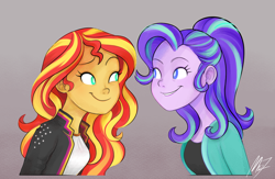 Size: 1580x1028 | Tagged: safe, artist:mn27, starlight glimmer, sunset shimmer, equestria girls, clothes, cute, duo, female, glimmerbetes, gradient background, shimmerbetes, simple background, smiling