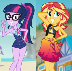 Size: 4000x3934 | Tagged: safe, screencap, sci-twi, sunset shimmer, twilight sparkle, better together, equestria girls, forgotten friendship, adorasexy, beach, beautiful, belly button, clothes, comparison, cute, glasses, peace sign, ponytail, pose, sarong, sexy, sexy egghead, sleeveless, smiling, stupid sexy sunset shimmer, stupid sexy twilight, sunset selfie, swimsuit, teeth