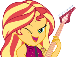 Size: 3946x3000 | Tagged: safe, artist:cloudyglow, sunset shimmer, better together, equestria girls, spring breakdown, all good (song), clothes, electric guitar, female, guitar, one eye closed, simple background, sleeveless, smiling, solo, transparent background, vector, wink