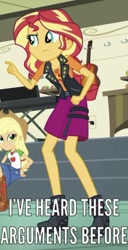 Size: 679x1325 | Tagged: safe, edit, edited screencap, screencap, applejack, sunset shimmer, better together, equestria girls, overpowered (equestria girls), applejack's hat, boots, caption, clothes, cowboy boots, cowboy hat, cropped, female, geode of super strength, hat, high heel boots, image macro, jacket, legs, magical geodes, meme, pointing, shoes, skirt, text