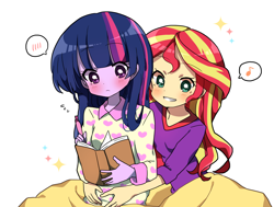 Size: 1182x894 | Tagged: safe, artist:lotte, sunset shimmer, twilight sparkle, equestria girls, anime, blushing, book, clothes, female, lesbian, pajamas, reading, shipping, simple background, slumber party, sunsetsparkle, white background