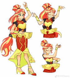 Size: 2480x2756 | Tagged: safe, artist:keeerooooo1, sunset shimmer, human, dance magic, equestria girls, spoiler:eqg specials, bracelet, bracer, clothes, dress, eyes closed, flamenco, hand on hip, high heels, jewelry, shoes, simple background, smiling, white background