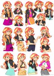 Size: 2480x3507 | Tagged: safe, artist:keeerooooo1, sunset shimmer, pony, unicorn, all the world's off stage, equestria girls, equestria girls (movie), equestria girls series, forgotten friendship, legend of everfree, mirror magic, spoiler:eqg specials, angry, belly button, bikini, book, clothes, cute, female, geode of empathy, hand on hip, headset, jacket, jewelry, leather, leather jacket, magical geodes, mare, microphone, midriff, miniskirt, necklace, open mouth, pants, sarong, shirt, shorts, simple background, skirt, sleeveless, smiling, swimsuit, white background