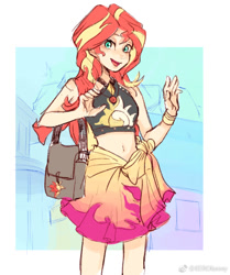 Size: 694x829 | Tagged: safe, artist:keeerooooo1, sunset shimmer, human, better together, equestria girls, forgotten friendship, bag, belly button, clothes, female, midriff, open mouth, sarong, sleeveless, solo, swimsuit