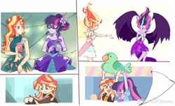 Size: 2032x1234 | Tagged: safe, artist:keeerooooo1, midnight sparkle, sci-twi, sunset shimmer, twilight sparkle, bird, better together, equestria girls, friendship games, legend of everfree, rainbow rocks, rollercoaster of friendship, book, clothes, daydream shimmer, female, glasses, open mouth, parakeet, plushie