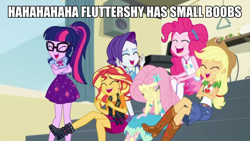 Size: 1080x607 | Tagged: safe, edit, edited screencap, screencap, applejack, fluttershy, pinkie pie, rarity, sci-twi, sunset shimmer, twilight sparkle, better together, equestria girls, overpowered (equestria girls), abuse, boots, bully, bullying, canterlot high, caption, clothes, covering eyes, cowboy hat, cute, denim skirt, eyes closed, flutterbuse, geode of empathy, geode of fauna, geode of shielding, geode of sugar bombs, geode of super strength, geode of telekinesis, glasses, hairband, hat, image macro, jacket, laughing, laughingmares.jpg, leather jacket, magical geodes, meme, open mouth, pantyhose, ponytail, screen cap edit, shoes, sitting, skirt, stetson, text