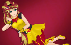 Size: 2337x1490 | Tagged: safe, artist:anonix123, sunset shimmer, human, dance magic, equestria girls, spoiler:eqg specials, clothes, female, gradient background, high heels, humanized, looking at you, shoes, smiling