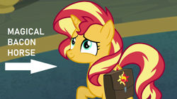 Size: 1280x720 | Tagged: safe, edit, edited screencap, screencap, sunset shimmer, pony, unicorn, better together, equestria girls, forgotten friendship, arrow, bacon hair, captain obvious, cute, nickname, saddle bag, shimmerbetes, truth