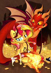 Size: 3508x4961 | Tagged: safe, artist:saralien, sunset shimmer, dragon, pony, unicorn, big crown thingy, cave, collar, crown, earpiece, element of magic, fin, fire, fire dragon, fire tail, gold, gold coins, hoard, horn, horns, implied princess celestia, implied princess luna, implied princess twilight, jewelry, leash, red dragon, regalia, slit eyes, treasure, wings