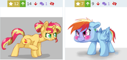 Size: 771x364 | Tagged: safe, artist:srsishere, derpibooru import, rainbow dash, sunset shimmer, pegasus, pony, derpibooru, juxtaposition, meta