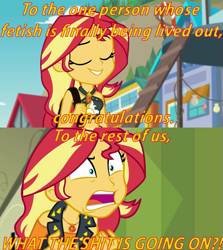 Size: 785x882 | Tagged: safe, artist:alphamonouryuuken, edit, edited screencap, screencap, sunset shimmer, better together, equestria girls, forgotten friendship, angry, belly button, bikini, bikini babe, clothes, eyes closed, female, furious, geode of empathy, magical geodes, midriff, nostalgia critic, sleeveless, smiling, solo, swimsuit, vulgar, yelling