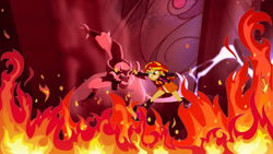 Size: 1920x1080 | Tagged: safe, artist:conthauberger, edit, edited screencap, screencap, storm king, sunset shimmer, equestria girls, my little pony: the movie, duo, female, fight, final battle, fire, male, showdown