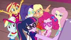 Size: 1920x1080 | Tagged: safe, screencap, applejack, fluttershy, pinkie pie, rainbow dash, rarity, sci-twi, sunset shimmer, twilight sparkle, equestria girls, equestria girls series, i'm on a yacht, spoiler:eqg series (season 2), alternate hairstyle, blushing, cellphone, geode of fauna, geode of sugar bombs, geode of super speed, geode of super strength, group, hat, humane five, humane seven, humane six, magical geodes, peace sign, phone, pose, selfie, shipping fuel, sleeveless, smartphone, sunburn, sunglasses, tanned
