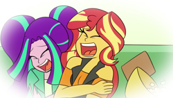 Size: 1280x720 | Tagged: safe, artist:jake heritagu, aria blaze, sunset shimmer, comic:aria's archives, better together, equestria girls, female, laughing, lesbian, shipping, sunblaze