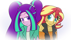 Size: 1280x720 | Tagged: safe, artist:jake heritagu, aria blaze, sunset shimmer, comic:aria's archives, better together, equestria girls, female, lesbian, looking at each other, shipping, sunblaze