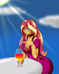 Size: 2000x2500 | Tagged: safe, artist:albertbm, sunset shimmer, better together, equestria girls, spring breakdown, blushing, clothes, cloud, drink, female, glasses, looking at you, sky, solo, sun