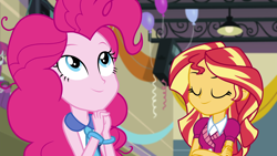 Size: 1920x1080 | Tagged: safe, screencap, mystery mint, pinkie pie, sunset shimmer, equestria girls, friendship games, bracelet, jewelry, necktie, pinkie pie praying