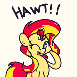 Size: 1000x1000 | Tagged: safe, artist:turtlefarminguy, sunset shimmer, pony, unicorn, equestria girls, :p, cute, female, looking at you, mare, one eye closed, raised hoof, reaction image, shimmerbetes, silly, simple background, solo, tongue out, white background, wink