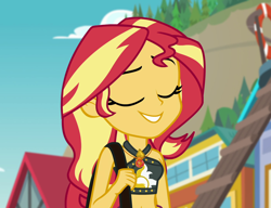 Size: 1406x1080 | Tagged: safe, screencap, sunset shimmer, better together, equestria girls, forgotten friendship, belly button, bikini, bikini babe, clothes, cropped, eyes closed, female, geode of empathy, magical geodes, midriff, sleeveless, smiling, solo, swimsuit