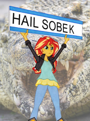 Size: 950x1278 | Tagged: safe, artist:manly man, edit, sunset shimmer, crocodile, equestria girls, exploitable meme, female, hbomberguy, meme, sign, sobek, solo, sunset's board, youtubers reference