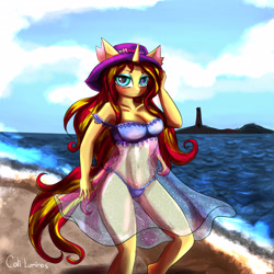 Size: 4096x4096 | Tagged: safe, artist:caliluminos, sunset shimmer, anthro, unicorn, absurd resolution, beach, belly button, blushing, clothes, cloud, dress, looking at you, signature, sky, solo, sun, swimsuit, water