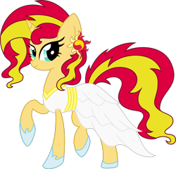 Size: 3000x2876 | Tagged: safe, artist:coloredsketches, artist:midnight-st4r, sunset shimmer, pony, unicorn, beautiful, clothes, dress, ear piercing, female, hoof shoes, looking at you, mare, piercing, simple background, smiling, solo, transparent background, vector