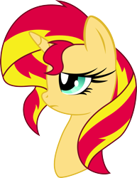 Size: 1543x2000 | Tagged: safe, artist:midnight-st4r, artist:shadayloronic, sunset shimmer, pony, unicorn, bust, female, frown, mare, sad, simple background, solo, transparent background, vector