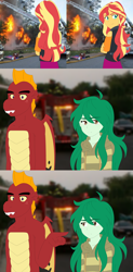 Size: 2640x5368 | Tagged: safe, artist:fantasygerard2000, garble, sunset shimmer, wallflower blush, dragon, better together, equestria girls, clothes, fiery shimmer, fire, fire engine, hoodie, looking back, pointing, real life background, vest