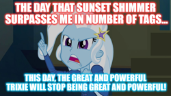 Size: 896x500 | Tagged: safe, edit, edited screencap, screencap, sunset shimmer, trixie, equestria girls, rainbow rocks, derpibooru, image macro, implied sunset shimmer, meme, meta, solo, tags, text, trixie yells at everything