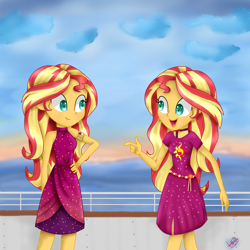 Size: 2500x2500 | Tagged: safe, artist:liniitadash23, sunset shimmer, better together, equestria girls, spring breakdown, clothes, cruise ship, dress, geode of empathy, magical geodes, ocean, open mouth, self paradox, sleeveless, water