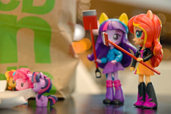 Size: 1024x684 | Tagged: safe, artist:artofmagicpoland, pinkie pie, sunset shimmer, twilight sparkle, twilight sparkle (alicorn), alicorn, equestria girls, doll, equestria girls minis, eqventures of the minis, rake, shovel, toy