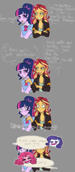 Size: 1200x2730 | Tagged: safe, artist:parashy, pinkie pie, rarity, sci-twi, sunset shimmer, twilight sparkle, equestria girls, blushing, comic