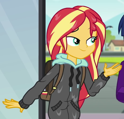 Size: 939x903 | Tagged: safe, screencap, sci-twi, sunset shimmer, twilight sparkle, eqg summertime shorts, equestria girls, monday blues, clothes, cropped, female, hoodie, wet