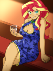 Size: 2160x2880 | Tagged: safe, artist:fantasyblade, sunset shimmer, human, equestria girls, blushing, boob window, breasts, cheongsam, chinese dress, cleavage, clothes, dress, drink, female, glass, sitting, smiling, solo