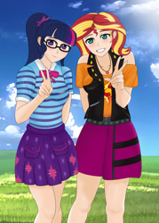 Size: 1549x2159 | Tagged: safe, artist:anonix123, sci-twi, sunset shimmer, twilight sparkle, human, better together, equestria girls, clothes, female, geode of empathy, geode of telekinesis, glasses, grin, human coloration, humanized, jacket, leather, leather jacket, magical geodes, ponytail, skirt, smiling