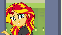 Size: 1920x1080 | Tagged: safe, screencap, sunset shimmer, equestria girls, rainbow rocks, canterlot high, lockers, smiling, solo, when she smiles