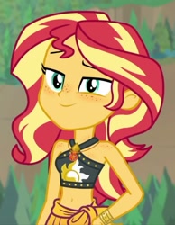 Size: 796x1024 | Tagged: safe, artist:katakiuchi4u, edit, edited screencap, screencap, sunset shimmer, better together, equestria girls, unsolved selfie mysteries, belly button, bikini, black swimsuit, clothes, cutie mark swimsuit, female, freckles, sarong, smiling, solo, swimsuit